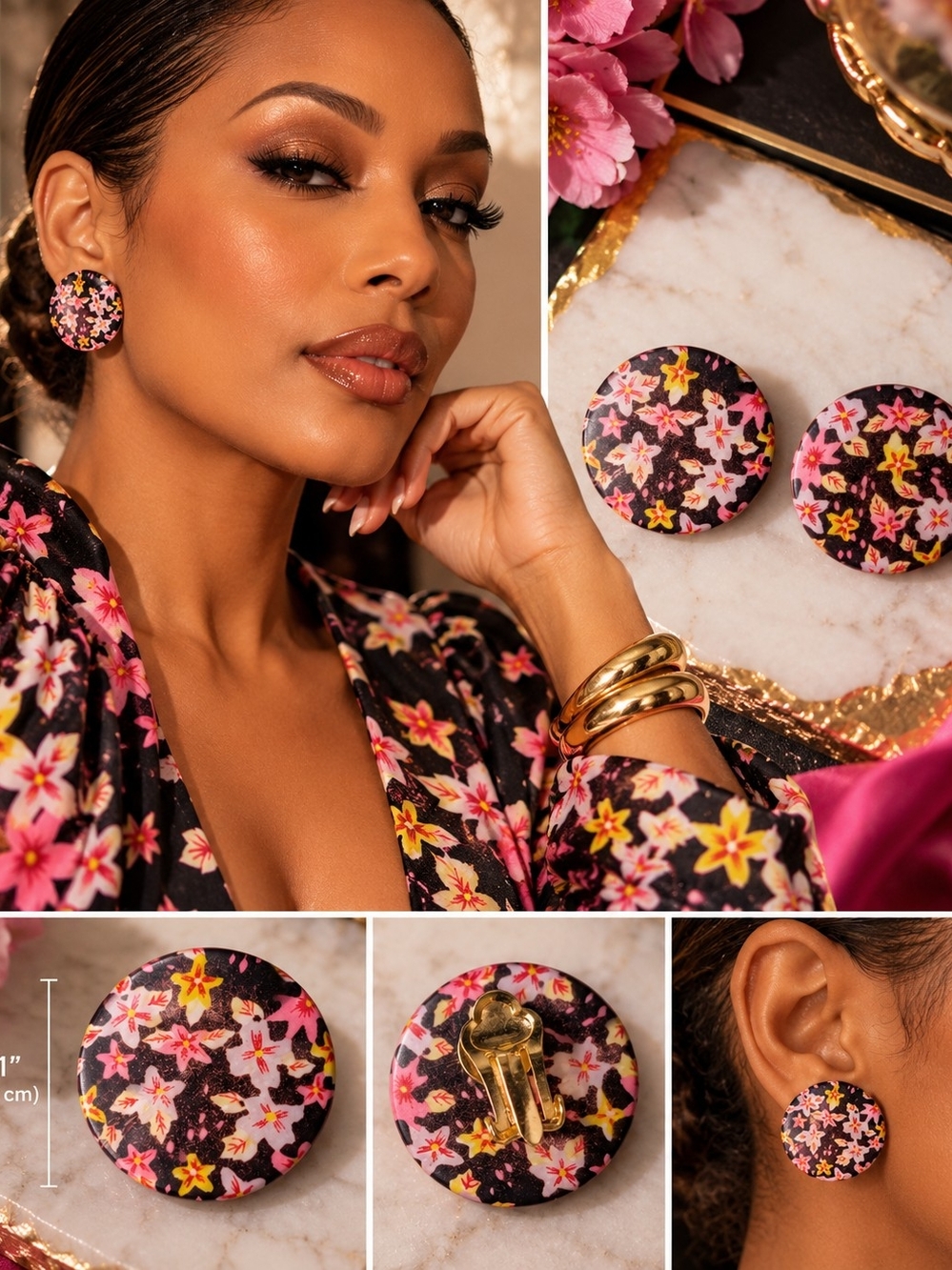 Floral Round Clip-On Earrings - Pink & Black